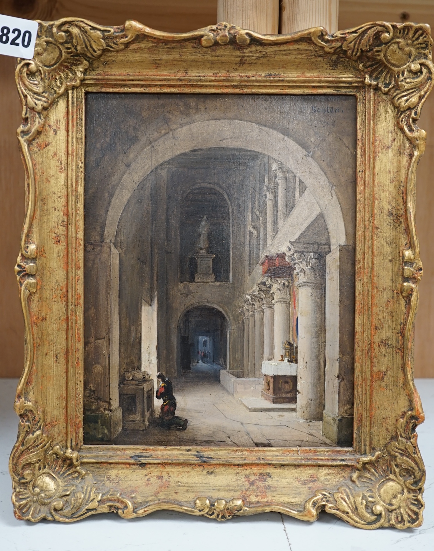 Charles Marie Bouton (French, 1781-1853), oil on board, Cathedral interior with kneeling figure, signed, 21.5 x 16.5cm. Condition - good